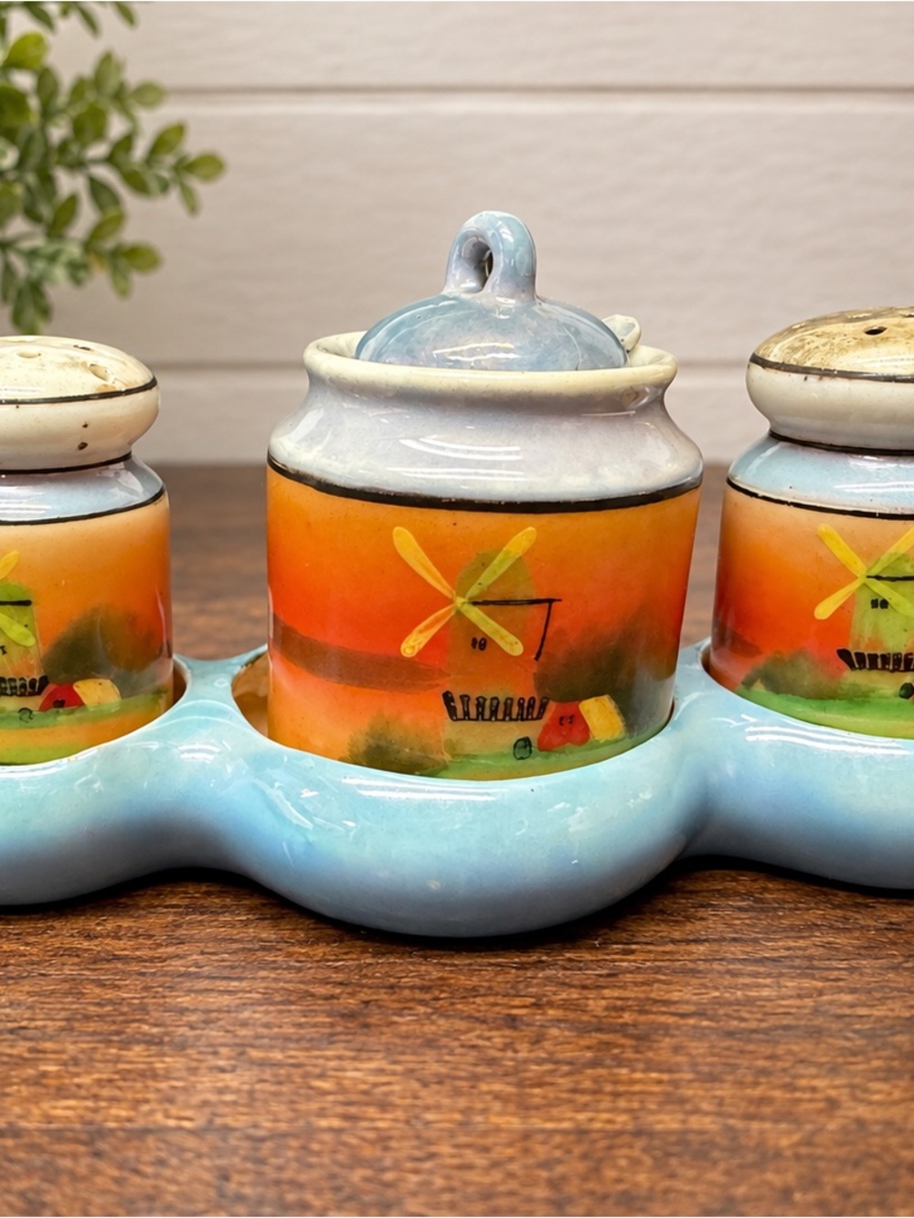 Vintage Crown Japan Windmill Salt Pepper Mustard Condiment Set